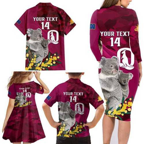 Custom QLD Maroons ANZAC Day Family Matching Long Sleeve Bodycon Dress and Hawaiian Shirt Australian Koala Mix Camouflage