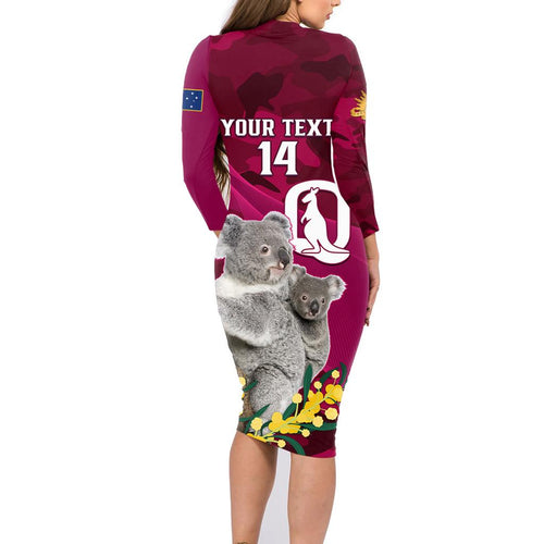 Custom QLD Maroons ANZAC Day Family Matching Long Sleeve Bodycon Dress and Hawaiian Shirt Australian Koala Mix Camouflage