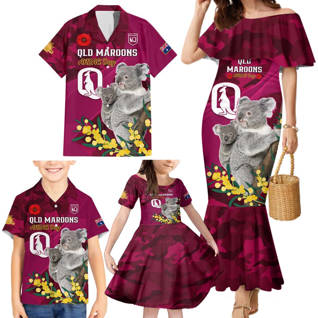 Custom QLD Maroons ANZAC Day Family Matching Mermaid Dress and Hawaiian Shirt Australian Koala Mix Camouflage