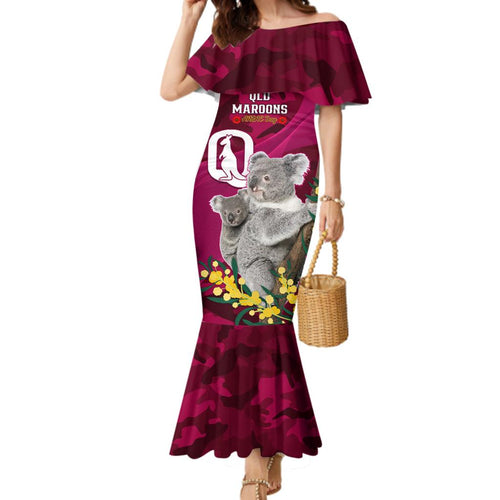 Custom QLD Maroons ANZAC Day Family Matching Mermaid Dress and Hawaiian Shirt Australian Koala Mix Camouflage