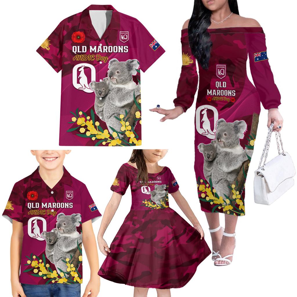 Custom QLD Maroons ANZAC Day Family Matching Off Shoulder Long Sleeve Dress and Hawaiian Shirt Australian Koala Mix Camouflage