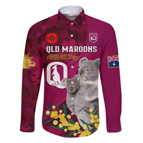 Custom QLD Maroons ANZAC Day Family Matching Off Shoulder Long Sleeve Dress and Hawaiian Shirt Australian Koala Mix Camouflage
