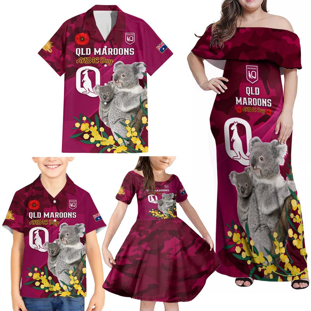 Custom QLD Maroons ANZAC Day Family Matching Off Shoulder Maxi Dress and Hawaiian Shirt Australian Koala Mix Camouflage
