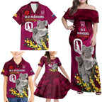 Custom QLD Maroons ANZAC Day Family Matching Off Shoulder Maxi Dress and Hawaiian Shirt Australian Koala Mix Camouflage