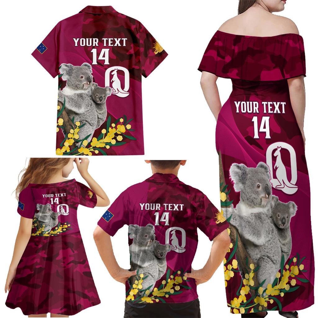 Custom QLD Maroons ANZAC Day Family Matching Off Shoulder Maxi Dress and Hawaiian Shirt Australian Koala Mix Camouflage