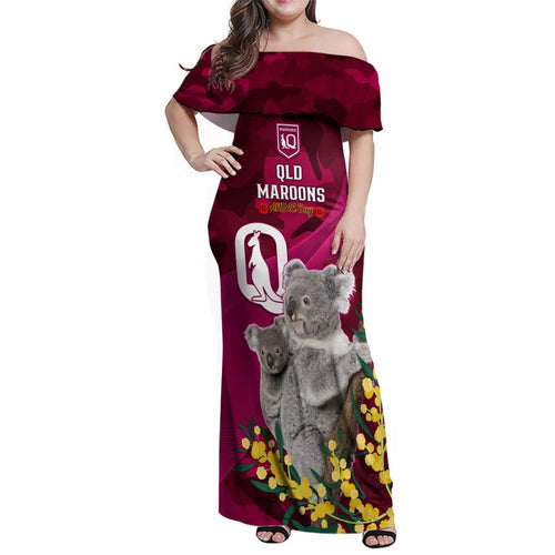 Custom QLD Maroons ANZAC Day Family Matching Off Shoulder Maxi Dress and Hawaiian Shirt Australian Koala Mix Camouflage