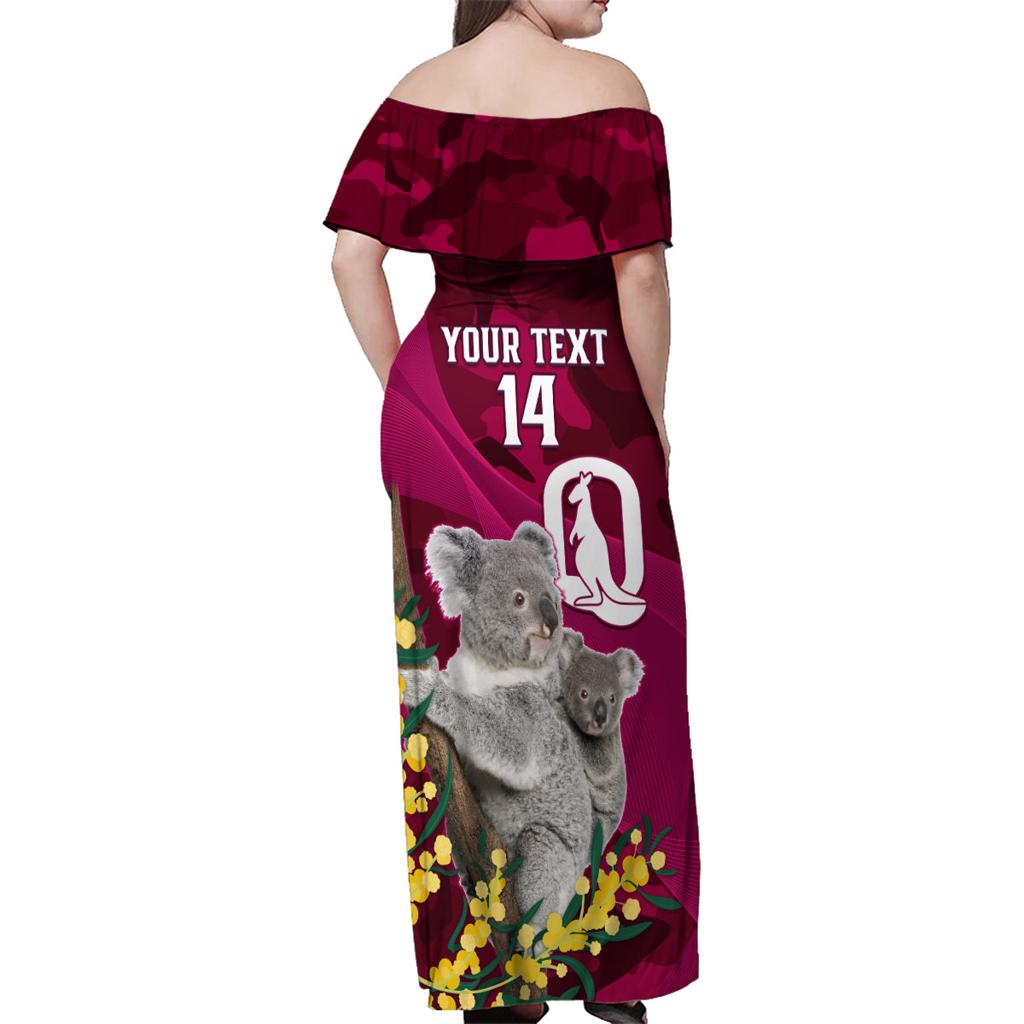 Custom QLD Maroons ANZAC Day Family Matching Off Shoulder Maxi Dress and Hawaiian Shirt Australian Koala Mix Camouflage