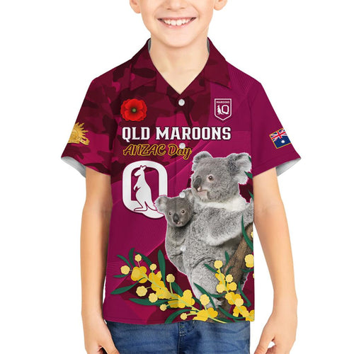Custom QLD Maroons ANZAC Day Family Matching Off Shoulder Maxi Dress and Hawaiian Shirt Australian Koala Mix Camouflage