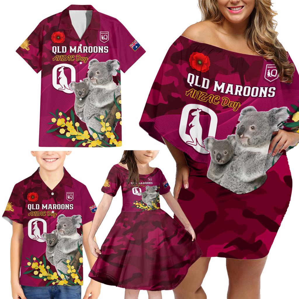 Custom QLD Maroons ANZAC Day Family Matching Off Shoulder Short Dress and Hawaiian Shirt Australian Koala Mix Camouflage