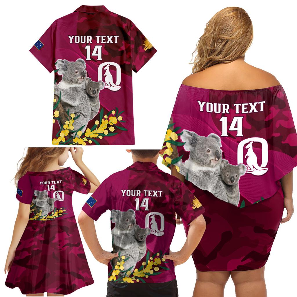 Custom QLD Maroons ANZAC Day Family Matching Off Shoulder Short Dress and Hawaiian Shirt Australian Koala Mix Camouflage