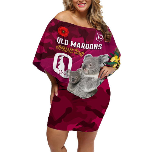 Custom QLD Maroons ANZAC Day Family Matching Off Shoulder Short Dress and Hawaiian Shirt Australian Koala Mix Camouflage