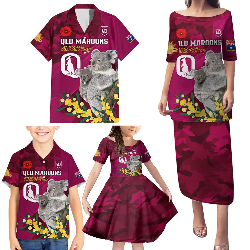 Custom QLD Maroons ANZAC Day Family Matching Puletasi and Hawaiian Shirt Australian Koala Mix Camouflage