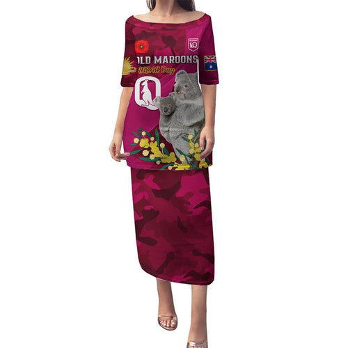 Custom QLD Maroons ANZAC Day Family Matching Puletasi and Hawaiian Shirt Australian Koala Mix Camouflage