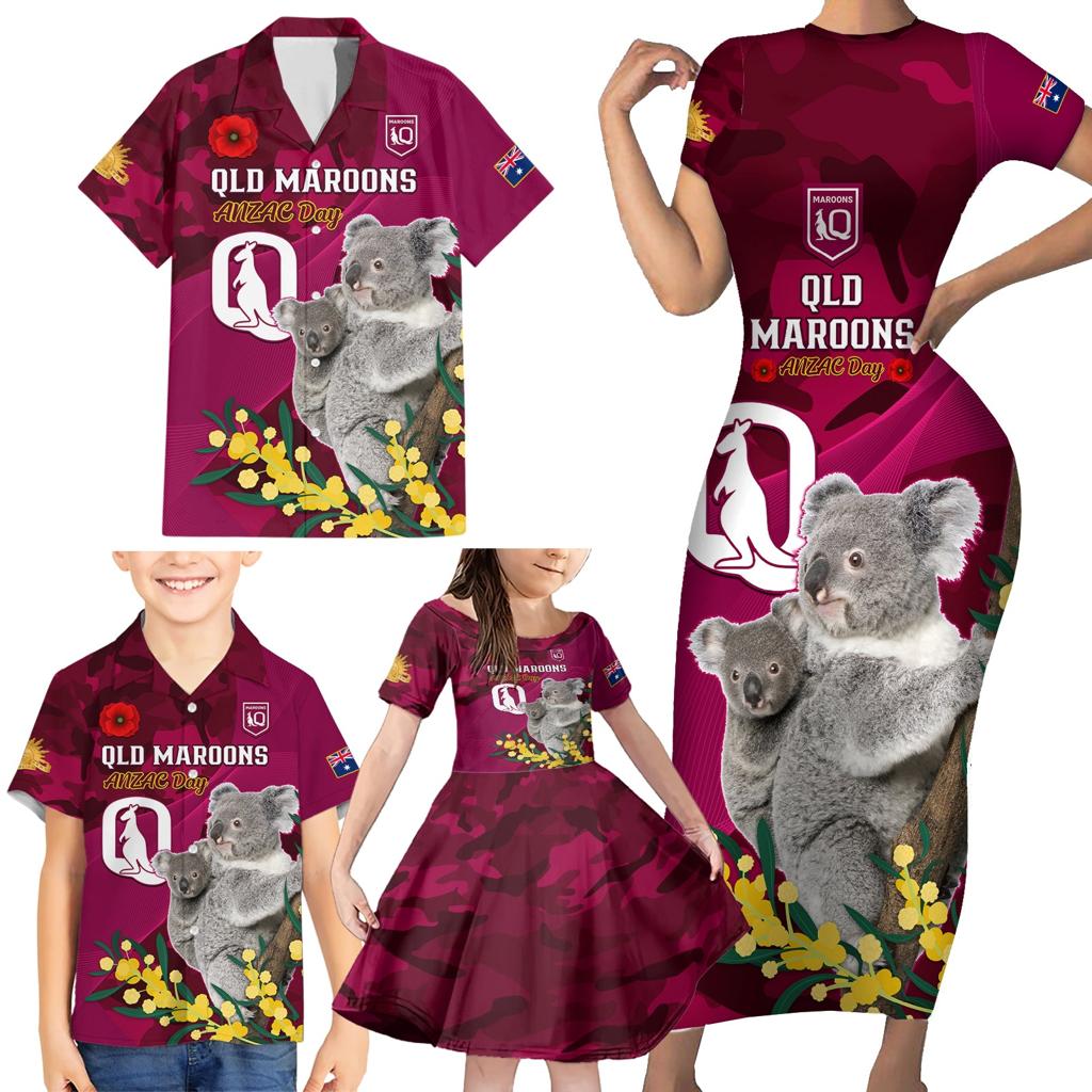 Custom QLD Maroons ANZAC Day Family Matching Short Sleeve Bodycon Dress and Hawaiian Shirt Australian Koala Mix Camouflage