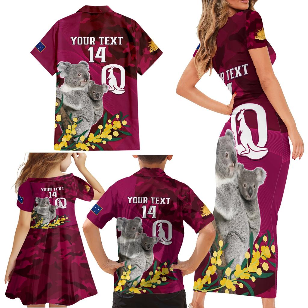 Custom QLD Maroons ANZAC Day Family Matching Short Sleeve Bodycon Dress and Hawaiian Shirt Australian Koala Mix Camouflage