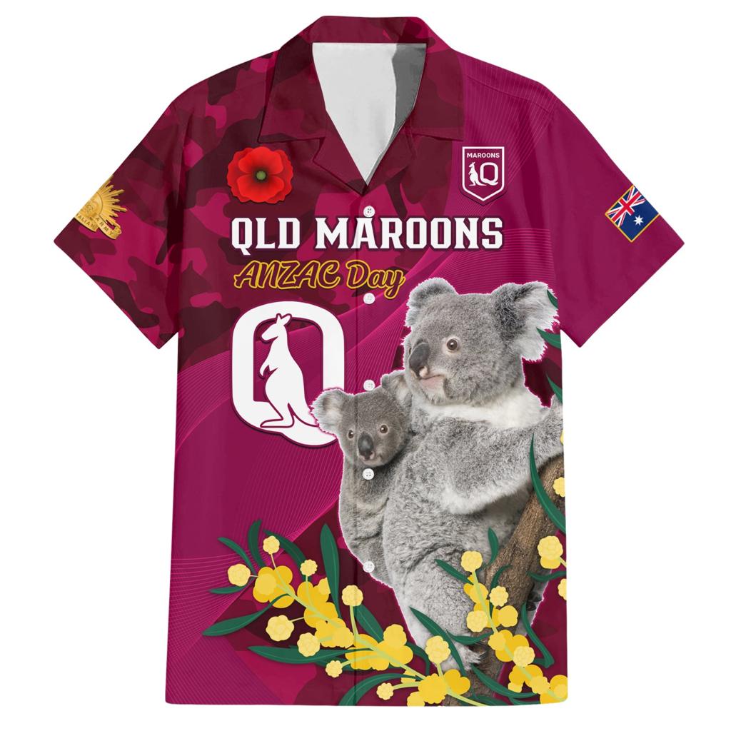 Custom QLD Maroons ANZAC Day Family Matching Short Sleeve Bodycon Dress and Hawaiian Shirt Australian Koala Mix Camouflage
