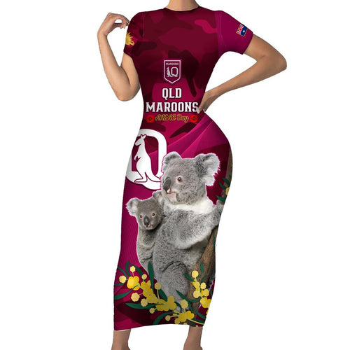 Custom QLD Maroons ANZAC Day Family Matching Short Sleeve Bodycon Dress and Hawaiian Shirt Australian Koala Mix Camouflage