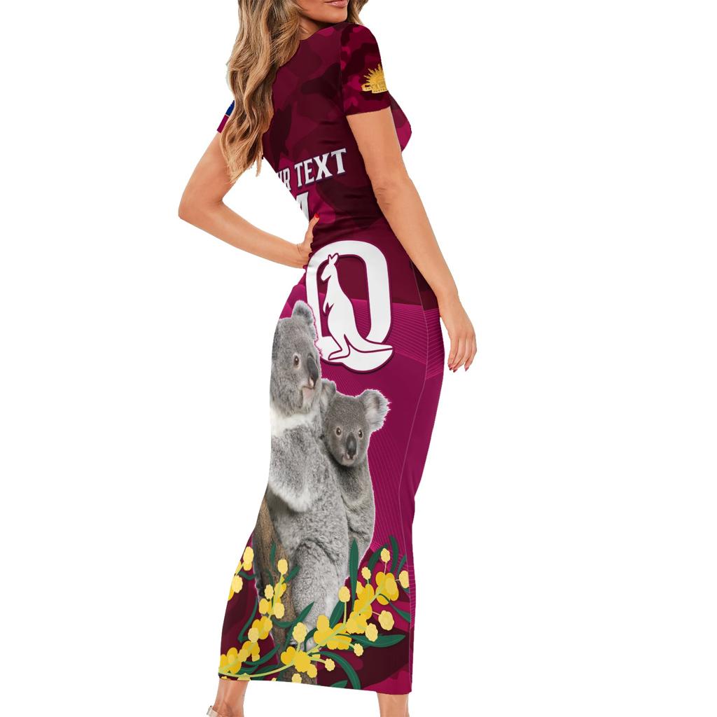 Custom QLD Maroons ANZAC Day Family Matching Short Sleeve Bodycon Dress and Hawaiian Shirt Australian Koala Mix Camouflage