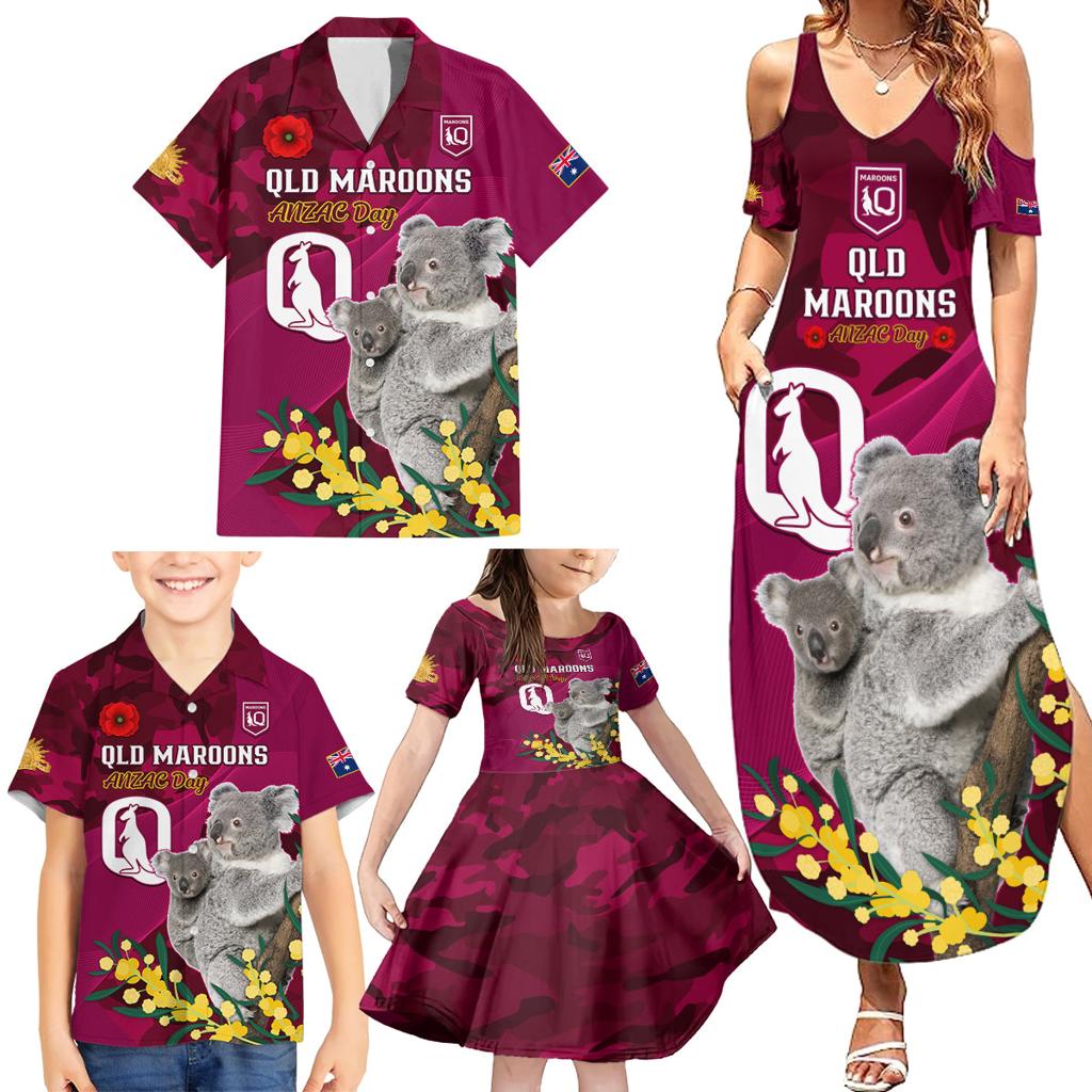 Custom QLD Maroons ANZAC Day Family Matching Summer Maxi Dress and Hawaiian Shirt Australian Koala Mix Camouflage