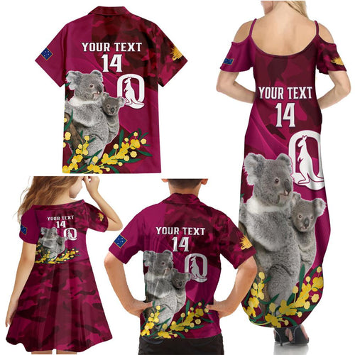 Custom QLD Maroons ANZAC Day Family Matching Summer Maxi Dress and Hawaiian Shirt Australian Koala Mix Camouflage