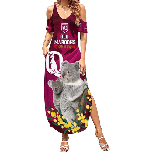 Custom QLD Maroons ANZAC Day Family Matching Summer Maxi Dress and Hawaiian Shirt Australian Koala Mix Camouflage