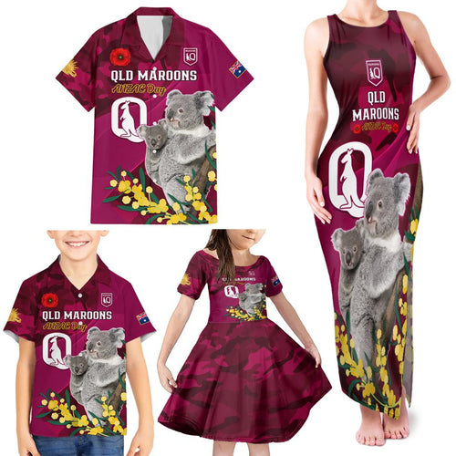 Custom QLD Maroons ANZAC Day Family Matching Tank Maxi Dress and Hawaiian Shirt Australian Koala Mix Camouflage
