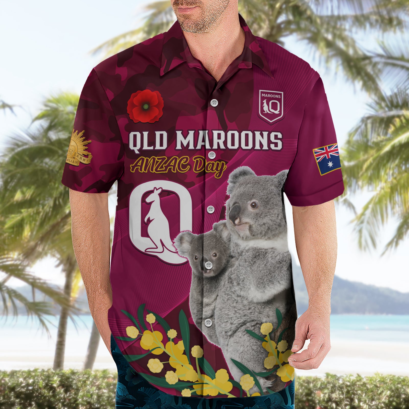 Custom QLD Maroons ANZAC Day Hawaiian Shirt Australian Koala Mix Camouflage