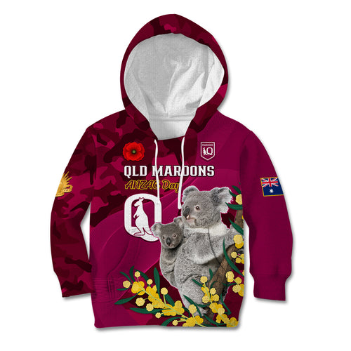 Custom QLD Maroons ANZAC Day Kid Hoodie Australian Koala Mix Camouflage