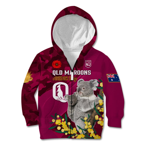 Custom QLD Maroons ANZAC Day Kid Hoodie Australian Koala Mix Camouflage