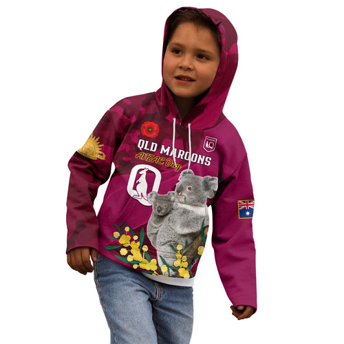 Custom QLD Maroons ANZAC Day Kid Hoodie Australian Koala Mix Camouflage