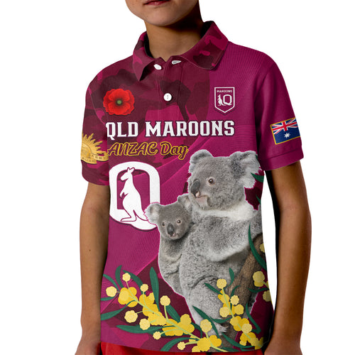 Custom QLD Maroons ANZAC Day Kid Polo Shirt Australian Koala Mix Camouflage