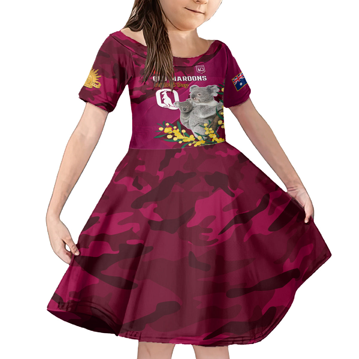 Custom QLD Maroons ANZAC Day Kid Short Sleeve Dress Australian Koala Mix Camouflage