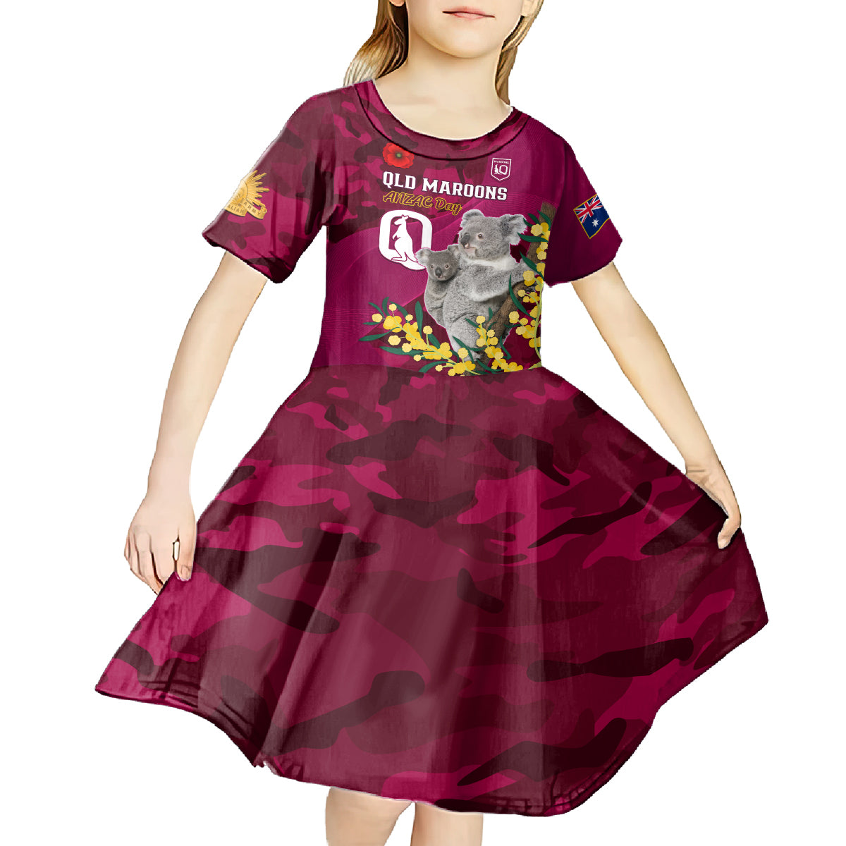 Custom QLD Maroons ANZAC Day Kid Short Sleeve Dress Australian Koala Mix Camouflage