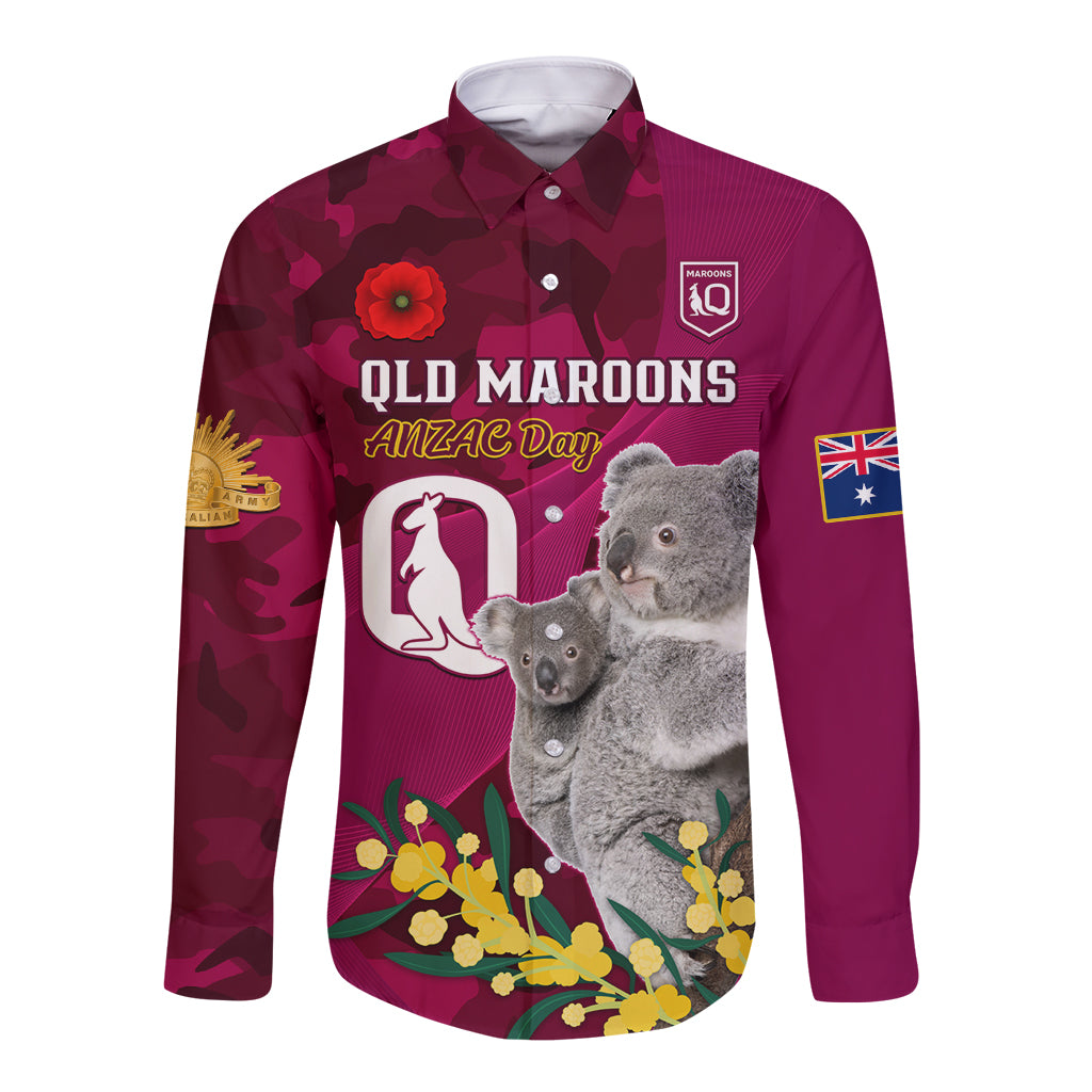 Custom QLD Maroons ANZAC Day Long Sleeve Button Shirt Australian Koala Mix Camouflage