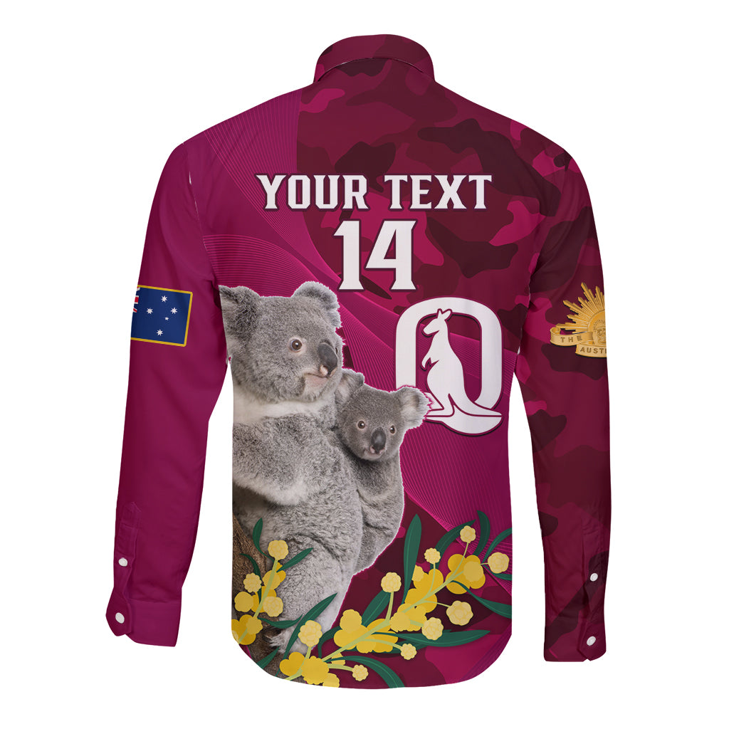 Custom QLD Maroons ANZAC Day Long Sleeve Button Shirt Australian Koala Mix Camouflage