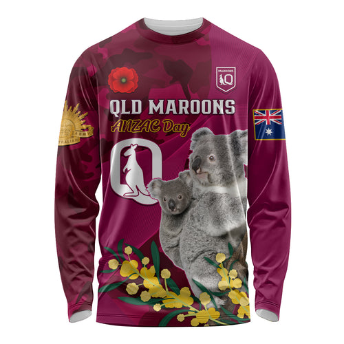 Custom QLD Maroons ANZAC Day Long Sleeve Shirt Australian Koala Mix Camouflage