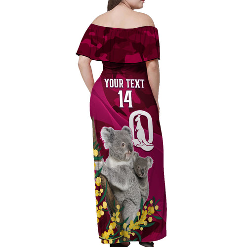 Custom QLD Maroons ANZAC Day Off Shoulder Maxi Dress Australian Koala Mix Camouflage