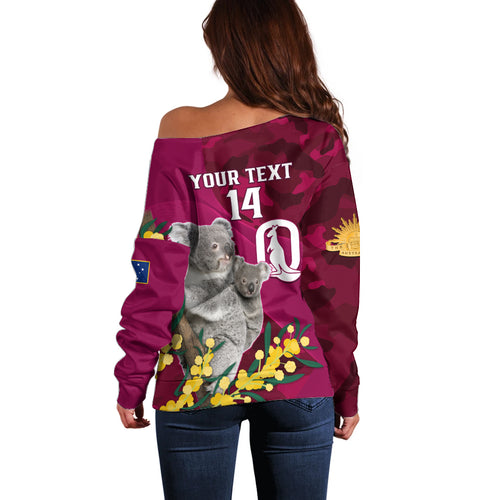Custom QLD Maroons ANZAC Day Off Shoulder Sweater Australian Koala Mix Camouflage