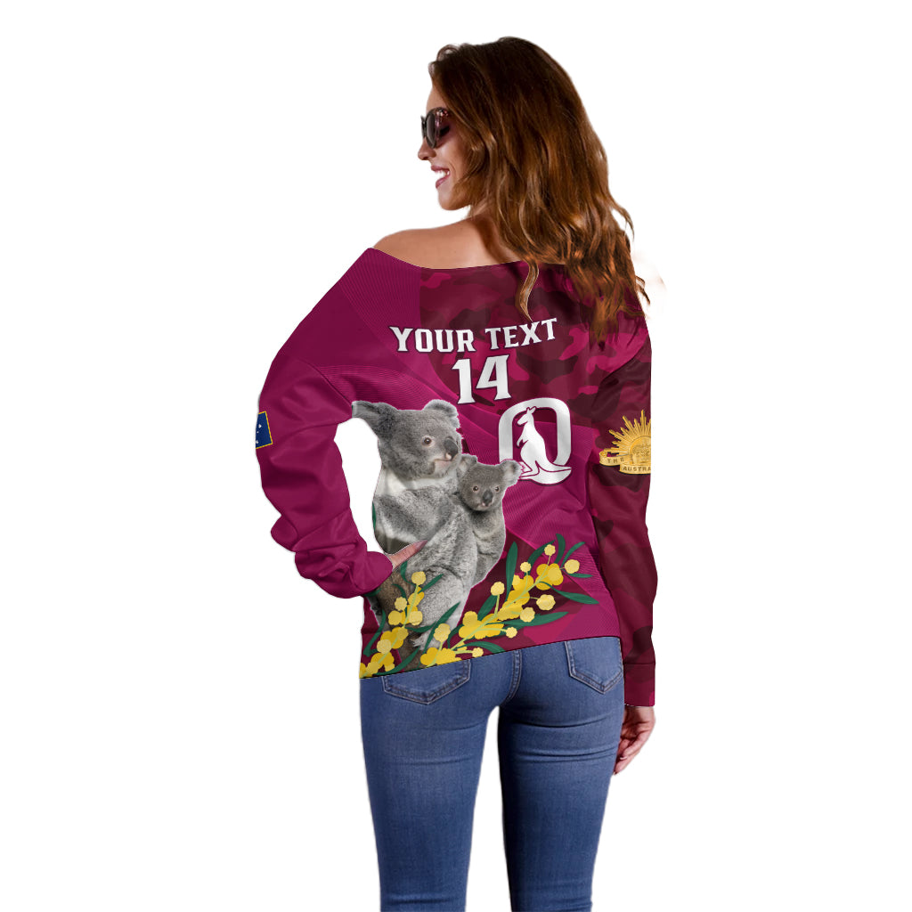 Custom QLD Maroons ANZAC Day Off Shoulder Sweater Australian Koala Mix Camouflage