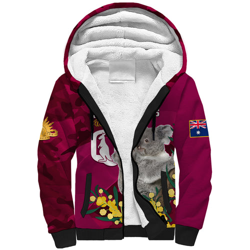 Custom QLD Maroons ANZAC Day Sherpa Hoodie Australian Koala Mix Camouflage