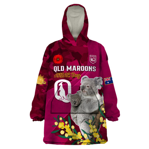 Custom QLD Maroons ANZAC Day Wearable Blanket Hoodie Australian Koala Mix Camouflage