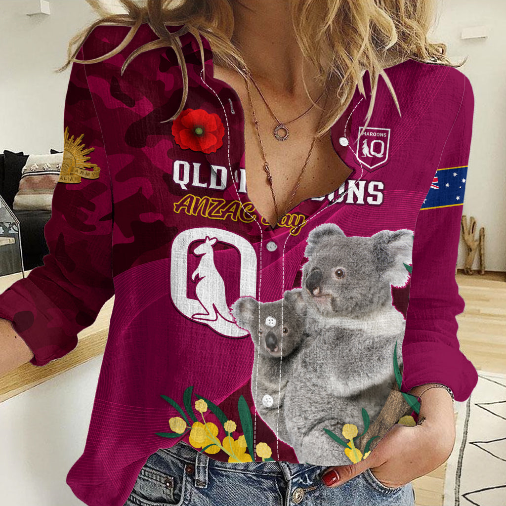 Custom QLD Maroons ANZAC Day Women Casual Shirt Australian Koala Mix Camouflage