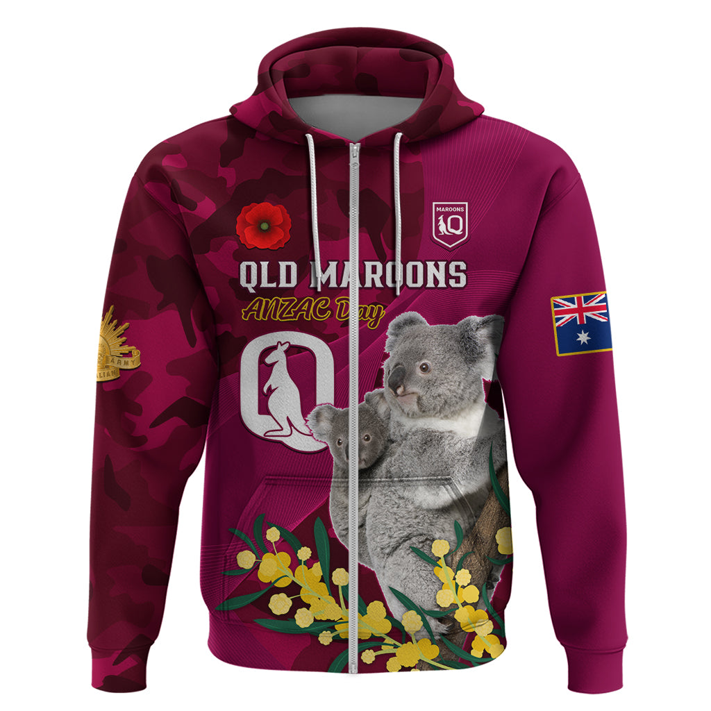 Custom QLD Maroons ANZAC Day Zip Hoodie Australian Koala Mix Camouflage
