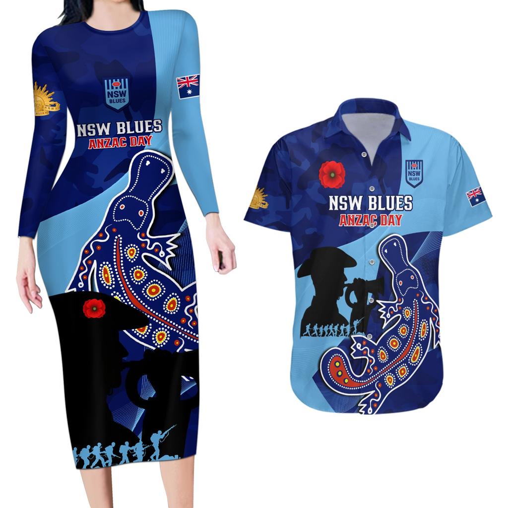 Custom NSW Blues ANZAC Day Couples Matching Long Sleeve Bodycon Dress and Hawaiian Shirt Australian Platypus Mix Camouflage