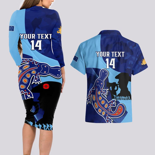 Custom NSW Blues ANZAC Day Couples Matching Long Sleeve Bodycon Dress and Hawaiian Shirt Australian Platypus Mix Camouflage