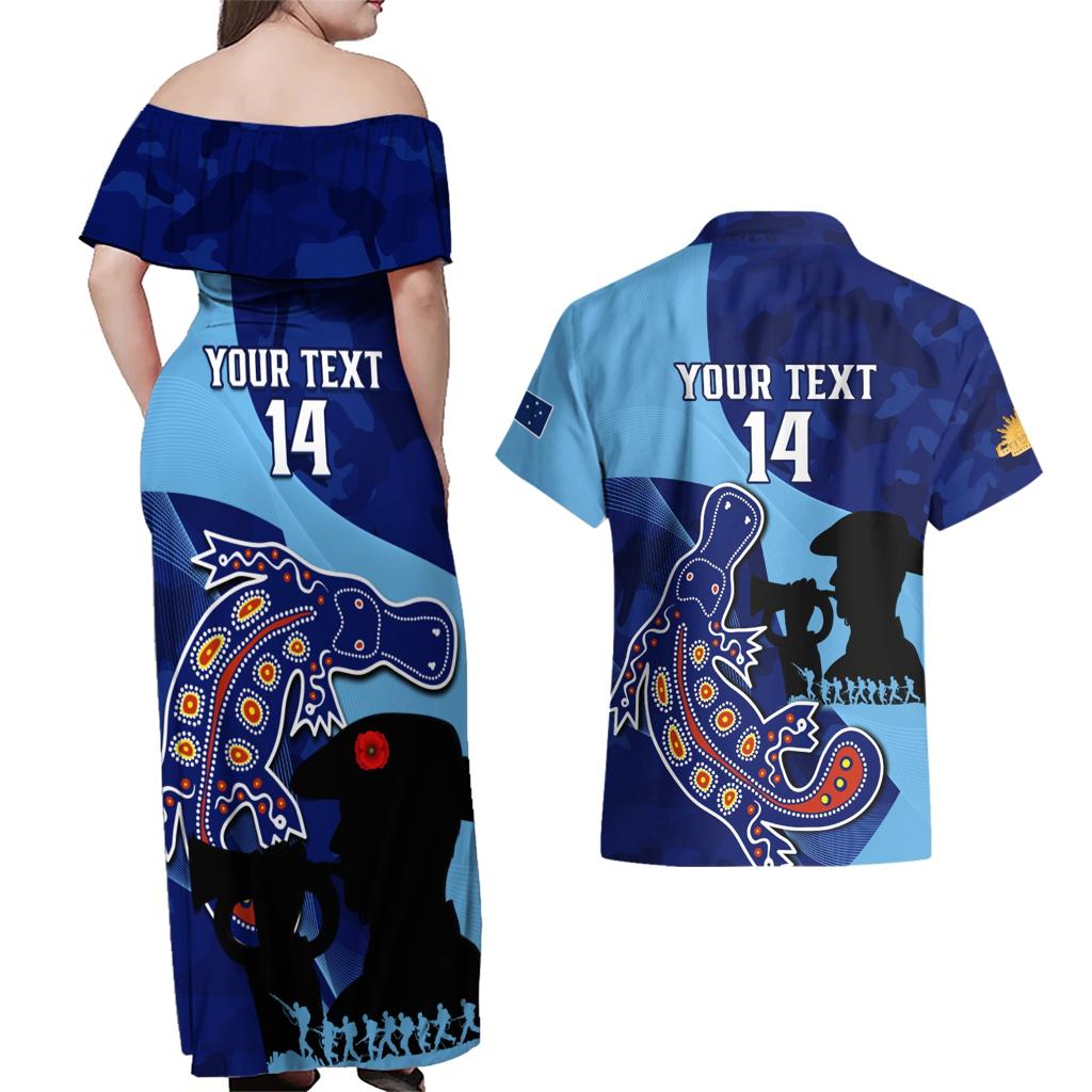 Custom NSW Blues ANZAC Day Couples Matching Off Shoulder Maxi Dress and Hawaiian Shirt Australian Platypus Mix Camouflage