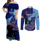 Custom NSW Blues ANZAC Day Couples Matching Off Shoulder Maxi Dress and Long Sleeve Button Shirt Australian Platypus Mix Camouflage