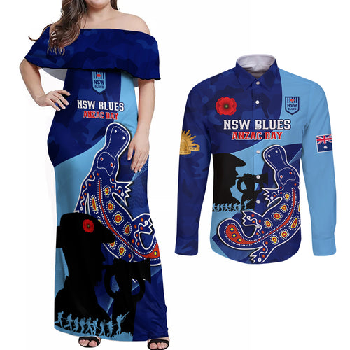 Custom NSW Blues ANZAC Day Couples Matching Off Shoulder Maxi Dress and Long Sleeve Button Shirt Australian Platypus Mix Camouflage