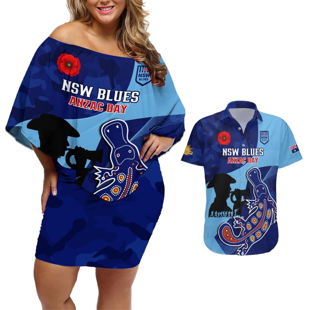 Custom NSW Blues ANZAC Day Couples Matching Off Shoulder Short Dress and Hawaiian Shirt Australian Platypus Mix Camouflage