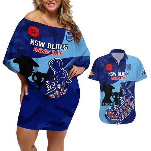 Custom NSW Blues ANZAC Day Couples Matching Off Shoulder Short Dress and Hawaiian Shirt Australian Platypus Mix Camouflage